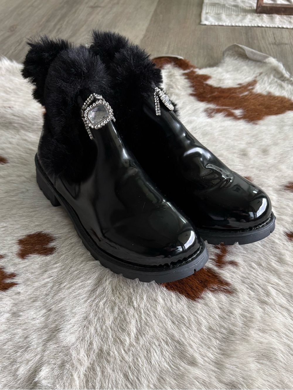 Black Faux-Fur Ankle Boots with Rhinestone Buckle - no insole